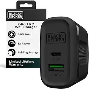 Black+Decker Quick-Charge Pd Wall Charger, 2-Port, 38w - Usb & Type C Wall Plug - Compact Power Block Usb C - Fast Charger Adapter Power Delivery & Qualcomm Qc 3.0 - Perfect For Home, Office, Travel
