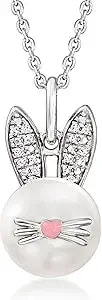 Ross-Simons 9-9.5mm Cultured Pearl Bunny Pendant Necklace With Diamonds In Sterling Silver. 18 Inches