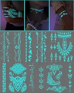 Glow In The Dark Temporary Tattoos For Women And Girls, 5 Sheets, Blue Lotus Mandala Flower Fake Arm Tattoo Stickers, India Tribal Night Party Supplies