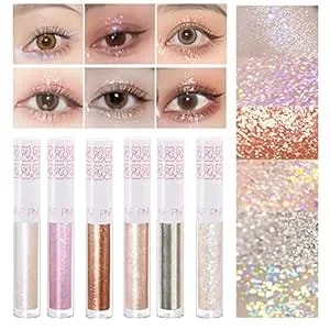 6pcs Liquid Glitter Eyeshadow Eyeliner, Korean Makeup, Bling Under Eye Shadow, Shimmer Eye Make Up Valentine'S Gift Set,Long Lasting,Quick Drying & Pigmented Loose Glitter Glue For Crystals Makeup