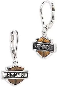 Harley-Davidson Women'S Tiger'S Eye H-D Bar & Shield Logo Drop Earrings, Silver