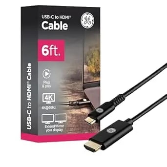 GE USB-C To HDMI 2.0 Cable, 6ft – 4K@60Hz UHD Video & Audio, Plug & Play, High-Speed 18Gbps, Compatible With Macbook, Chromebook, Laptops & More, 83722