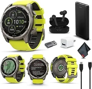 Garmin Fenix 8 51mm Solar Sapphire Multisport Gps Smartwatch Titanium With Amp Yellow Silicone Band, 48 Days Battery Life, Built-In Led Flashlight, Fitness & Health Smart Watch Bundle For Men & Women