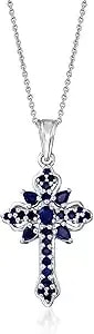 Ross-Simons 1.42 Ct. T.W. Sapphire Cross Pendant Necklace In Sterling Silver. 18 Inches