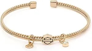 Harley-Davidson Women'S Bar & Shield Crystal Charms Textured Cuff Bracelet, Gold