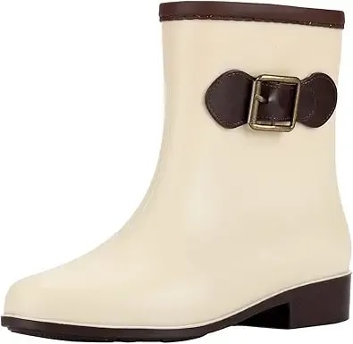 Oiangi Rain Boots For Women Waterproof Fashion Non-Slip Solid Round Toe Plastic Low Heel Hasp Slip-On Mid Calf Boots Comfortable Casual Square Heel Shoes