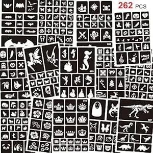 Konsait 262pcs Temporary Tattoos Stencils For Kids, Face And Body Paint Stencils Kit, Girl Boy Glitter Tattoos For Kids School Show Birthdays Halloween Christmas Party Favor Supplies