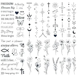 Semi Permanent Tattoos, 2 Week Realistic Small Long Lasting Temporary Tattoos Adult, Tiny Wild Flower Fine Line Fake Tattoo Stickers For Inspirational Quotes Finger Temp Tattoos For Women