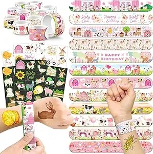 96 Pcs Pink Farm Party Favors Set – 72 Pre-Cut Temporary Tattoos & 24 Slap Bracelets For Kids, Adorable Barnyard Birthday Supplies & Farm Animal Goodie Bag Fillers