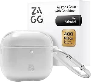 ZAGG Case With Carabiner For Airpods 4 – Wireless Charging Compatible Protective Cover – 360° Drop, Dust & Scratch Protection, Durable Silicone Design, Clear