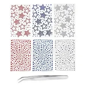 4th Of July Self Adhesive Face Gems For Makeup, Red Blue Clear Festival Jewels, Hair Gems, Patriotic Star Rhinestone Stickers For Face, Eye, Makeup, Body (redwhiteblue_6pcs)