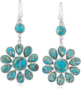 Ross-Simons Turquoise Flower Drop Earrings In Sterling Silver