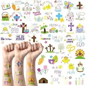 Angolio 144pcs Easter Doodles Temporary For Kids, Bible Easter Tattoos Stickers Easter Bunny Temporary Tattoos, Christian Religious Easter Cross Waterproof Body Stickers Party Favors