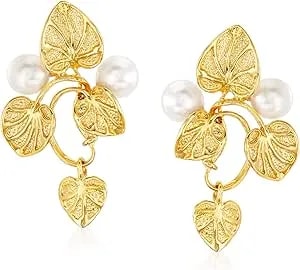 Ross-Simons Italian 6mm Cultured Pearl Vine Drop Earrings In 18kt Gold Over Sterling