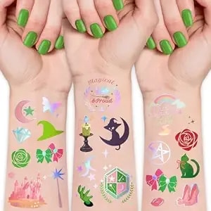 Yazhij 118 Pcs Glitter Temporary Tattoos - Glitter Styles Pentagram Moon Phases Broom Crystals Old Books Cats Metallic Waterproof Wicth Fake Tattoos For Birthday Witch Accessory Wizard Party Favor