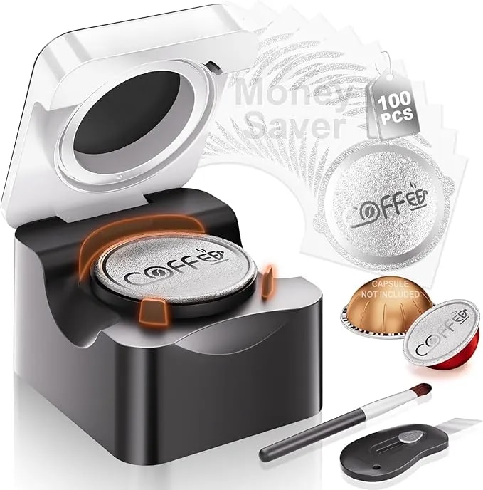 Reusable Vertuo Pods Kit For Nespresso Machine(No Pod) - Money-Saver, 100 Aluminum Foil Seal Lids, Flip-Top Sealer, Compatible With Vertuo Plus, Pop, Next All Size Capsules