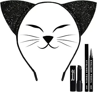 Halloween Cat Costume Makeup Kit For Women,Black Cat Ears Headband With Eyeliner And Lipstick,Black Face Paint Stick,Halloween Headband Cosplay Accessories For Adults