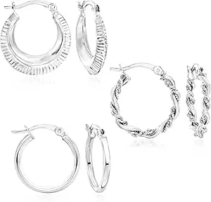 Ross-Simons Sterling Silver Jewelry Set: 3 Pairs Of Textured And Polished Hoop Earrings