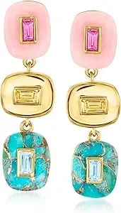 Ross-Simons Pink Opal, Turquoise And .80 Ct. T.W. Multi-Gemstone Overlay Drop Earrings In 18kt Gold Over Sterling