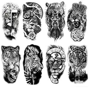 8 Sheets Forest Lion Jesus Tiger Cross Skull Rose Crown Old School Arm Leg Temporary Tattoo Stickers