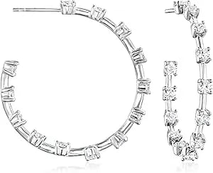 Ross-Simons 2.60 Ct. T.W. Cz Studded Hoop Earrings In Sterling Silver