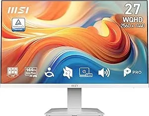 Msi Pro mp273qw e14 27-Inch Ips 2560 X 1440 (Qhd) Computer Monitor, 144hz,Adaptive-Synch, Hdmi, Dp Port, Vesa Mountable, Tilt, Speaker, 1ms, White