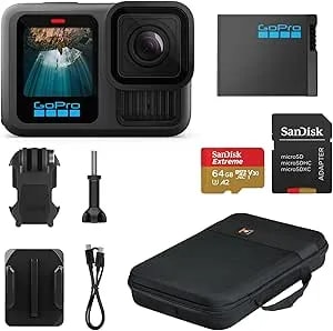 Gopro hero13 Black Waterproof Action Camera Bundle With 64gb Memory Card And Eva Case, 5.3k60 Video, 27mp Photo For Live Streaming, 1 Year Limited Warranty