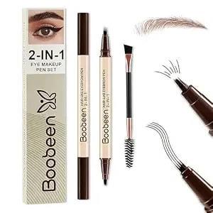 Boobeen Microblading Eyebrow Pen，2-In-1 Eyebrow Pencils For Women With 4-Fork-Tip，With Brow Spoolie Brush，Create Natural Hair-Like Brows，Last All-Day，Dark Brown