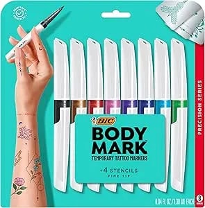Bic Bodymark Temporary Tattoo Markers For Skin, Precision Series, Fine Tip, 8-Count Pack Of Assorted Colors, Skin-Safe*, Cosmetic Quality