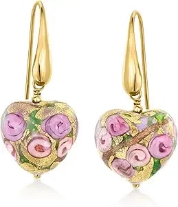 Ross-Simons Golden And Rose Murano Glass Heart Drop Earrings In 18kt Gold Over Sterling