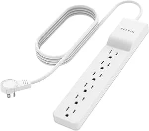 Belkin Surge Protector Power Strip - 6 AC Multiple Outlets - Flat Rotating Plug, 8ft Long Heavy-Duty Extension Cord For Home, Office, Travel, Computer Desktop & Charging Brick - White (720 Joules)