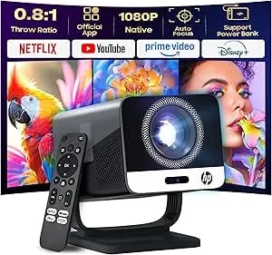 HP MC475 Official Licensed App Native 1080P Full HD Mini Projector With Wifi & Bluetooth, Portable Projector 4K Support, Auto Focus, Short Throw Smart Movie Projector For Outdoor & Bedroom