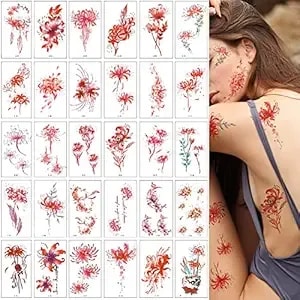 30 Sheets Higanbana Temporary Tattoos For Women Girls 3d Equinox Flower Sexy Fake Tattoo Stickers Waterproof Body Art Red Lycoris Temp Tattoo Paper (lycoris30)