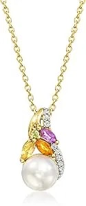 Ross-Simons 6.5-7mm Cultured Pearl And .30 Ct. T.W. Multi-Gemstone Pendant Necklace In 18kt Gold Over Sterling. 18 Inches