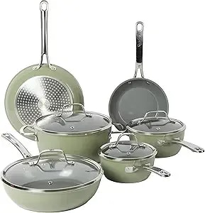 Sur La Table Kitchen Essentials 10 Piece Pfa Free Non-Toxic Titanium Ceramic Nonstick Interior Forged Aluminum Cookware Pots And Pans Set - Green - Induction Compatible