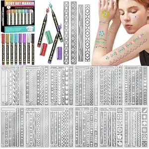 Temporary Tattoo Markers For Kids And Adults, 8 Metal Body Markers + 169 Mandala Letter Flowers Arm Tattoo Stencils For Kids Adults, Cosmetic-Grade Tattoo Ink, Diy Body Art Party Favors