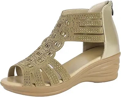 Oiangi Comfort Wedge Sandals For Women Trendy Casual Rhinestone Hollow Out Fish Mouth Open Toe Back Zipper Platform Sandals Summer Breathable Outdoor Shoes