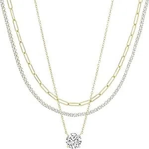 Amazon Essentials 14k Gold Plated Necklace Set Of 3 - Tennis Necklace, Paperclip Necklace And Solitaire Cz Pendant - Dainty Hypoallergenic Necklaces For Women