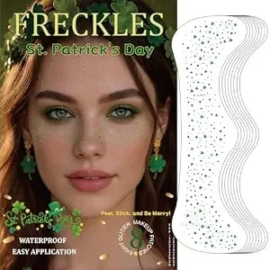 8 Pcs St. Patrick'S Day Freckle Face Stickers - Waterproof Shamrock Green Freckle Tattoos - Shimmering Green Makeup Stickers - Holiday Party Gifts