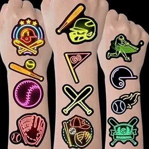 96pcs Cool Neon Per–Cut Baseball Temporary Tattoos Baseball Birthday Party Favors Supplies Decor & Party Favors Gifts Sports Baseball Tattoos For Kids Teens Boys Adults
