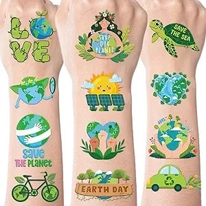Earth Day Temporary Tattoos, 8 Sheets Cute Cartoon Earth Environmental Theme Party Decorations, Save Globe Fake Tattoo Sticker For Eco Friendly Party Favors Supplies Prizes Reward