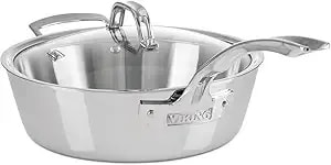 Viking Contemporary 3-Ply Deep Frying Pan With Glass Lid, 3.6 Quart Stainless Steel Saute Cooking Pot, Dishwasher And Oven Safe, Induction Ready, Silver