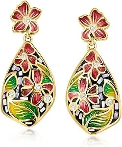 Ross-Simons Gray Mother-Of-Pearl And Multicolored Enamel Floral Drop Earrings With White Zircons In 18kt Gold Over Sterling
