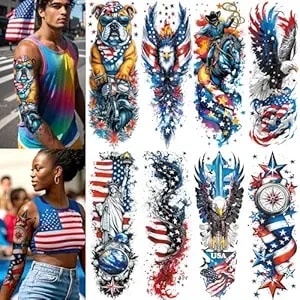 8 Sheets Independence Day Temporary Tattoos, Usa Flag Patriotic Waterproof Sleeve Tattoos, Red White Blue Party Supplies Temp Tattoo Kits 4th Of July Memorial Day, Veterans Day, Summer Festivals