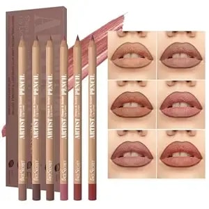 Beauty Glazed 6pcs Nude Brown Lip Liner Makeup Set - Waterproof & Smudge-Proof Matte Pencil, Long-Lasting & Durable, Smooth & Easy Glide, Non-Smudge, Contouring, Filling & Layering (Nude-Pink Set)