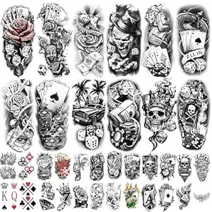 77 Sheets Casino Temporary Tattoo For Women Men, 17 Sheets Half Arm Large Poker Dice Lion Clown Fake Tattoos, 60 Sheets Angels Dollars Skull Tiny For Adult Kids Body Tattoos Stickers Realistic