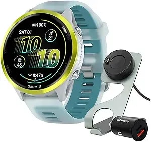 Garmin Forerunner 570 47mm Gps Running Smartwatch (Amp Yellow/Whitestone Turquoise) Bundle With Stand, Charging Cable And Car Charger (3 Items)