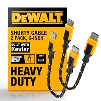 Dewalt Heavy Duty Short Usb C To Usb C 60w Cable 2pack (6in) Durable Type C Fast Charging Nylon Braided Cord, Compatible With Iphone 17/16/15 Series, Android Samsung Galaxy s24/s23/s22/ Ultra