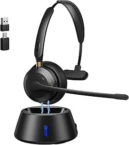 Wireless Headset With Mic For Work, Ai Enc Noise Cancelling For Clear Call & Meeting, Single Ear Work Headset With Charge Stand For Remote & Office. Bluetooth 5.3 & Usb 2.4g Dongle For Zoom & Teams
