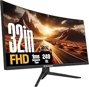 Westinghouse 32 Inch Curved Full Hd Gaming Monitor, 240hz, Amd Freesync Support, Low Motion Blur, 1500r Curve, 1920 X 1080, For Pc Games With Built In Speakers, Displayport, Hdmi